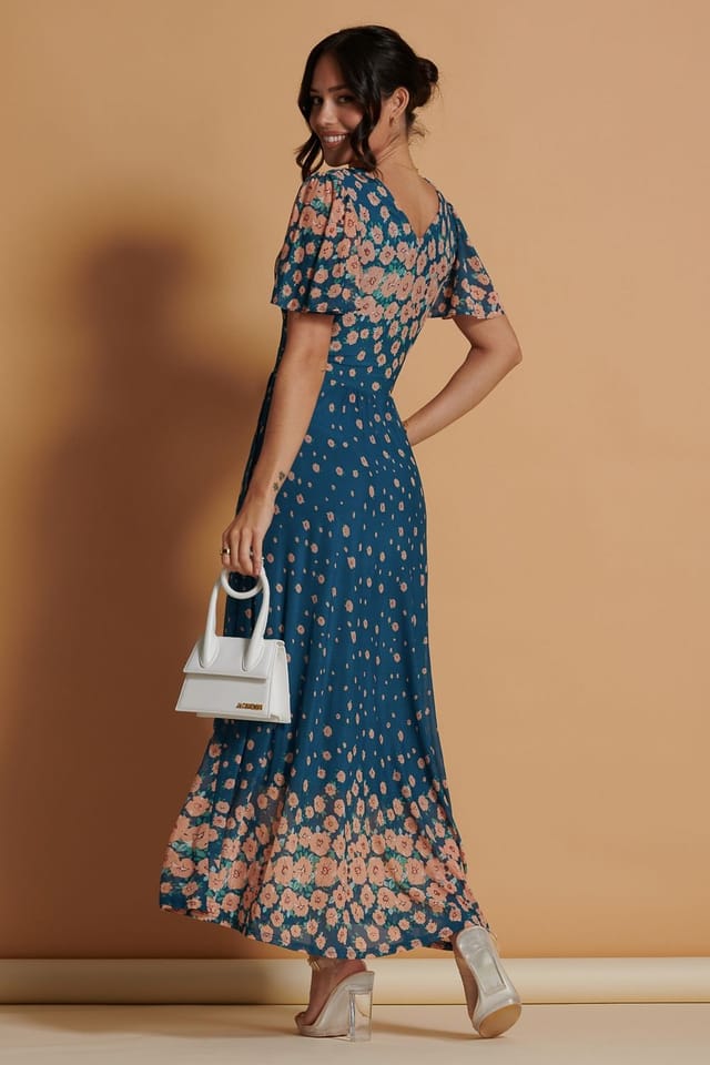Jolie Moi Jolie Moi Women's Mirrored Mesh Angel Sleeve Maxi Dress in Teal - 2