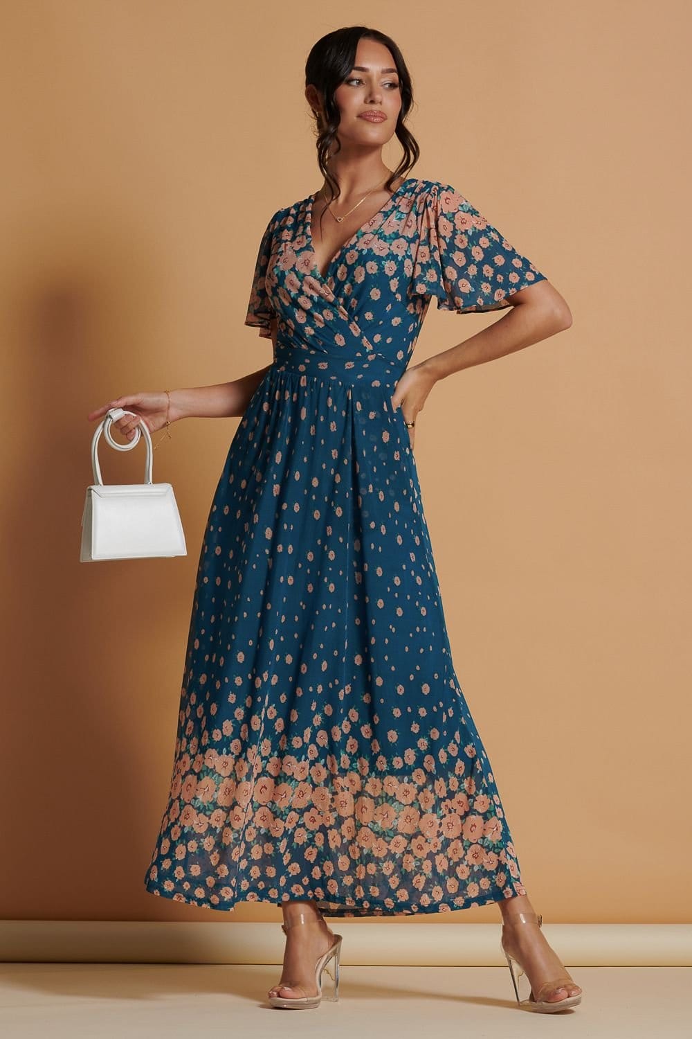 Jolie Moi Jolie Moi Women's Mirrored Mesh Angel Sleeve Maxi Dress in Teal - 4
