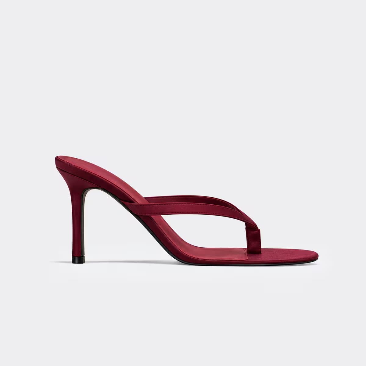EGO Rain Thong Strap Stiletto Heel Mule In Burgundy Satin, Women's Size UK 3