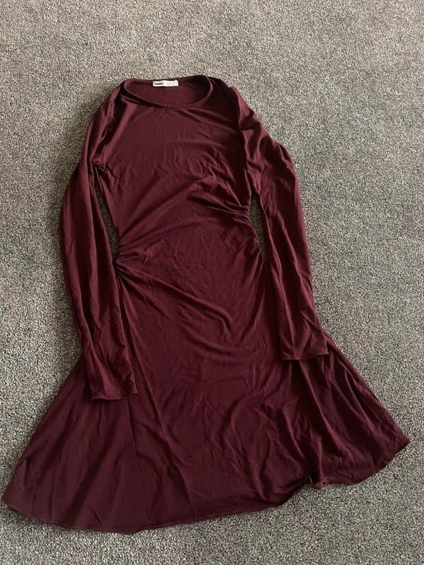 Bershka Long sleeve rutched burgundy mini dress- Bershka