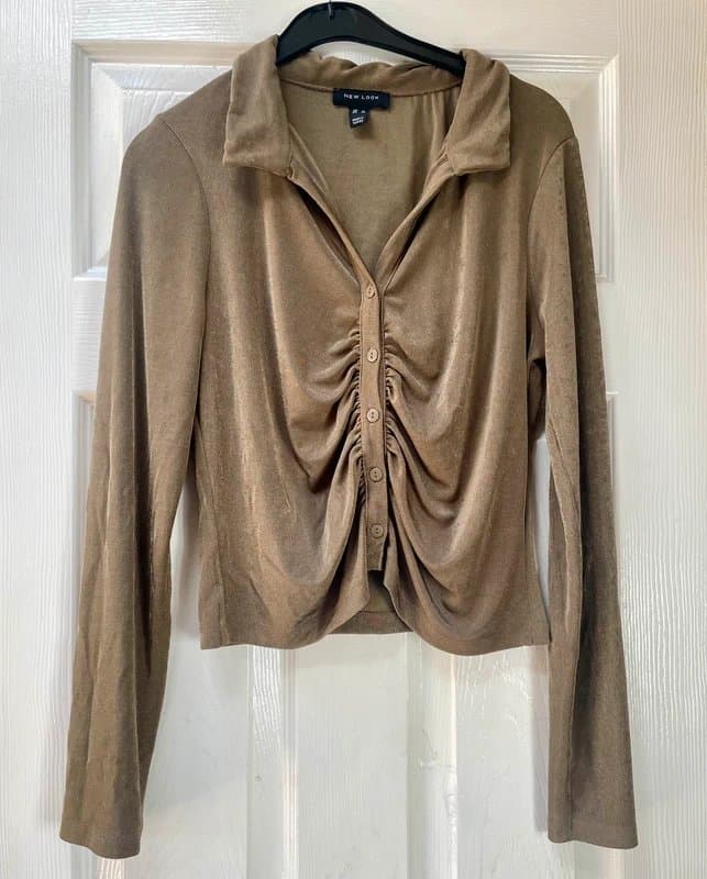 New Look New Look Size 12 Blouse Stretchy Brown Button Up Ruche detail