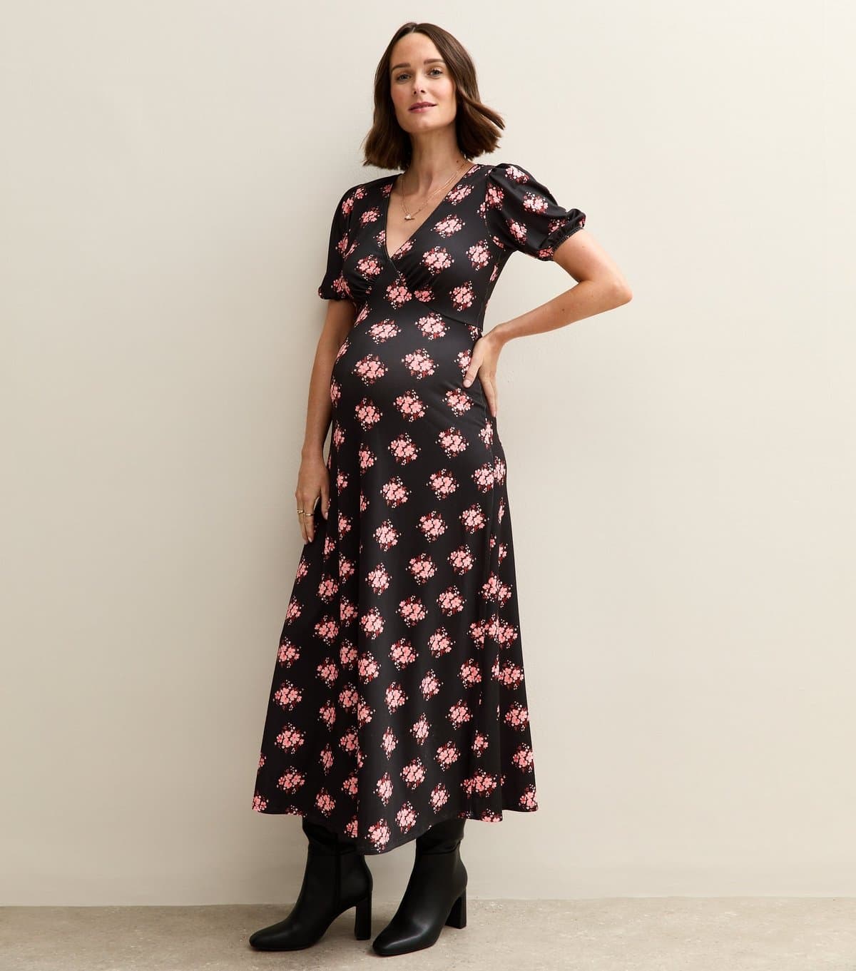 New Look Women's Maternity Black Floral Print Lace Trim Midi Dress New Look