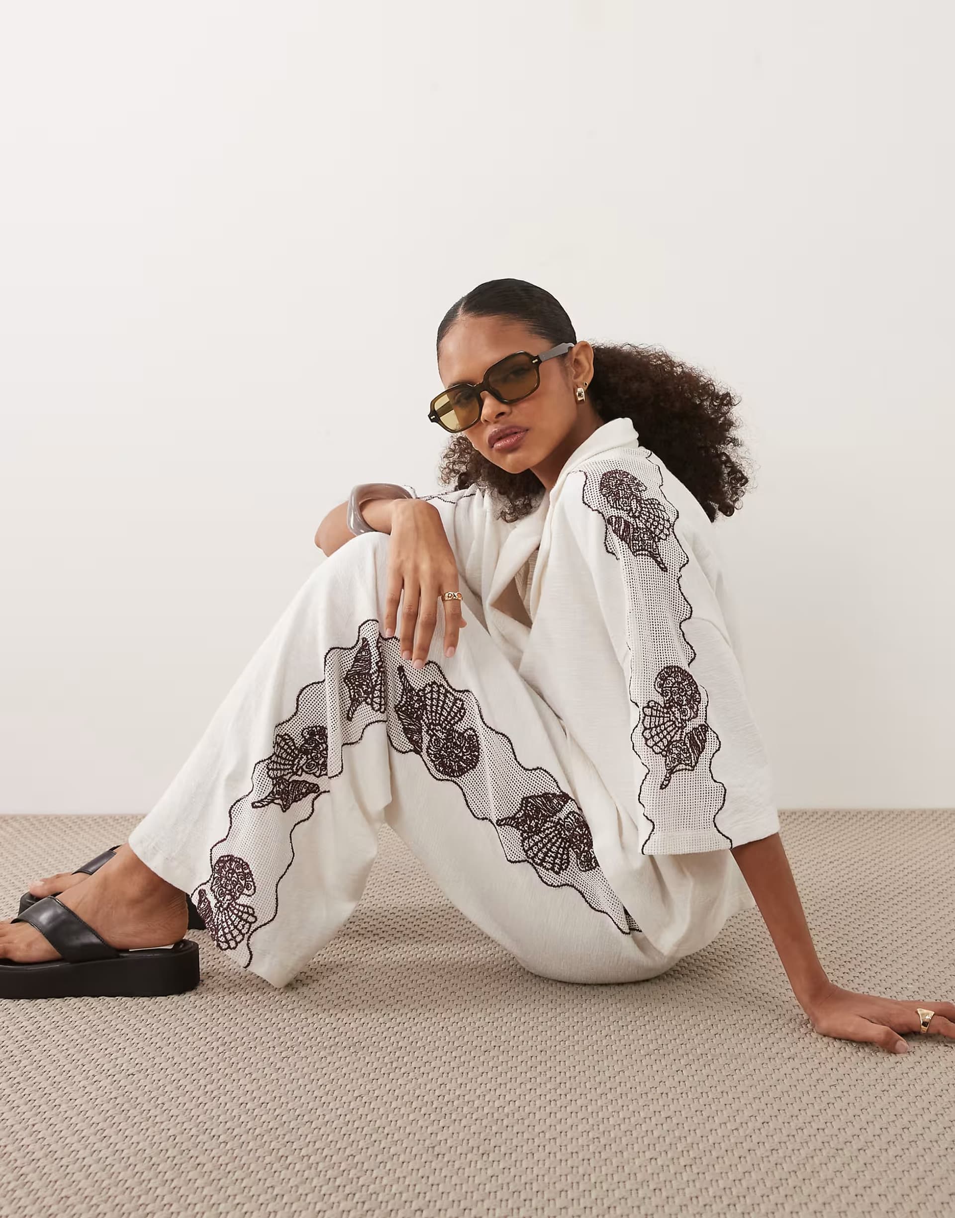 ASOS ASOS DESIGN textured jersey wide leg trouser co-ord with shell embroidery in cream