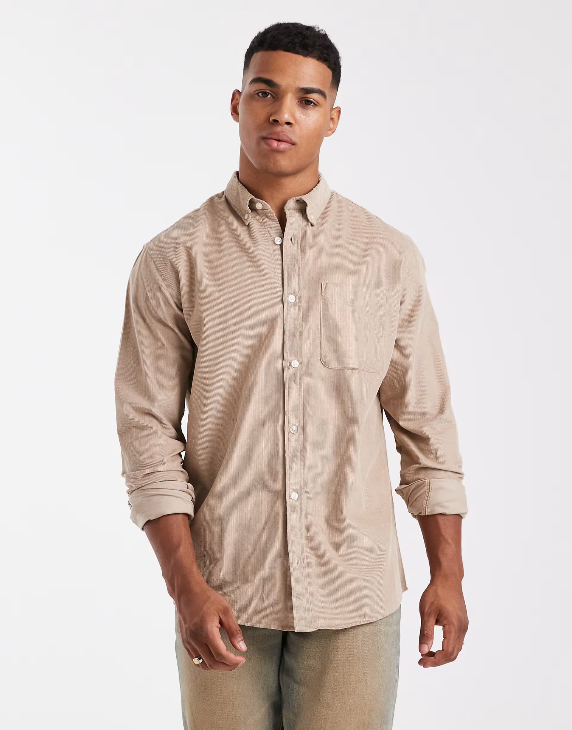 ASOS Jack & Jones cord shirt with pocket in beige