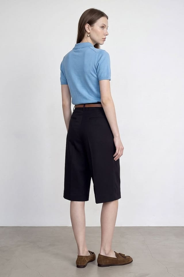 Dilvin Dilvin Women's High-waist Belted Wide-leg Tailored Shorts in Black - 2