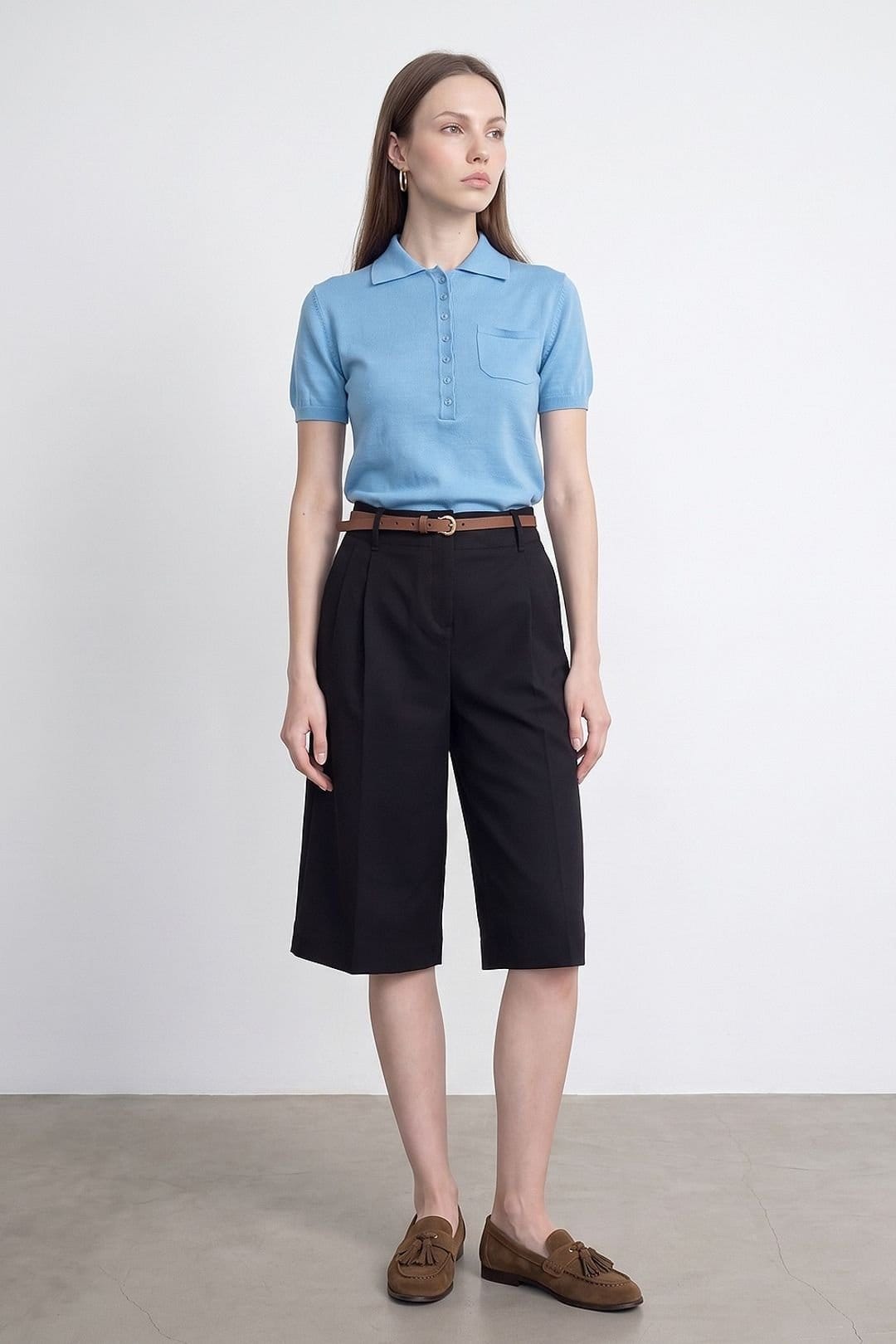 Dilvin Dilvin Women's High-waist Belted Wide-leg Tailored Shorts in Black - 4