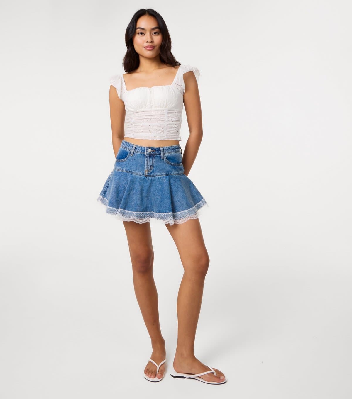 Pink Vanilla Women's Blue Lace Trim Denim Mini Skirt Pink Vanilla New Look