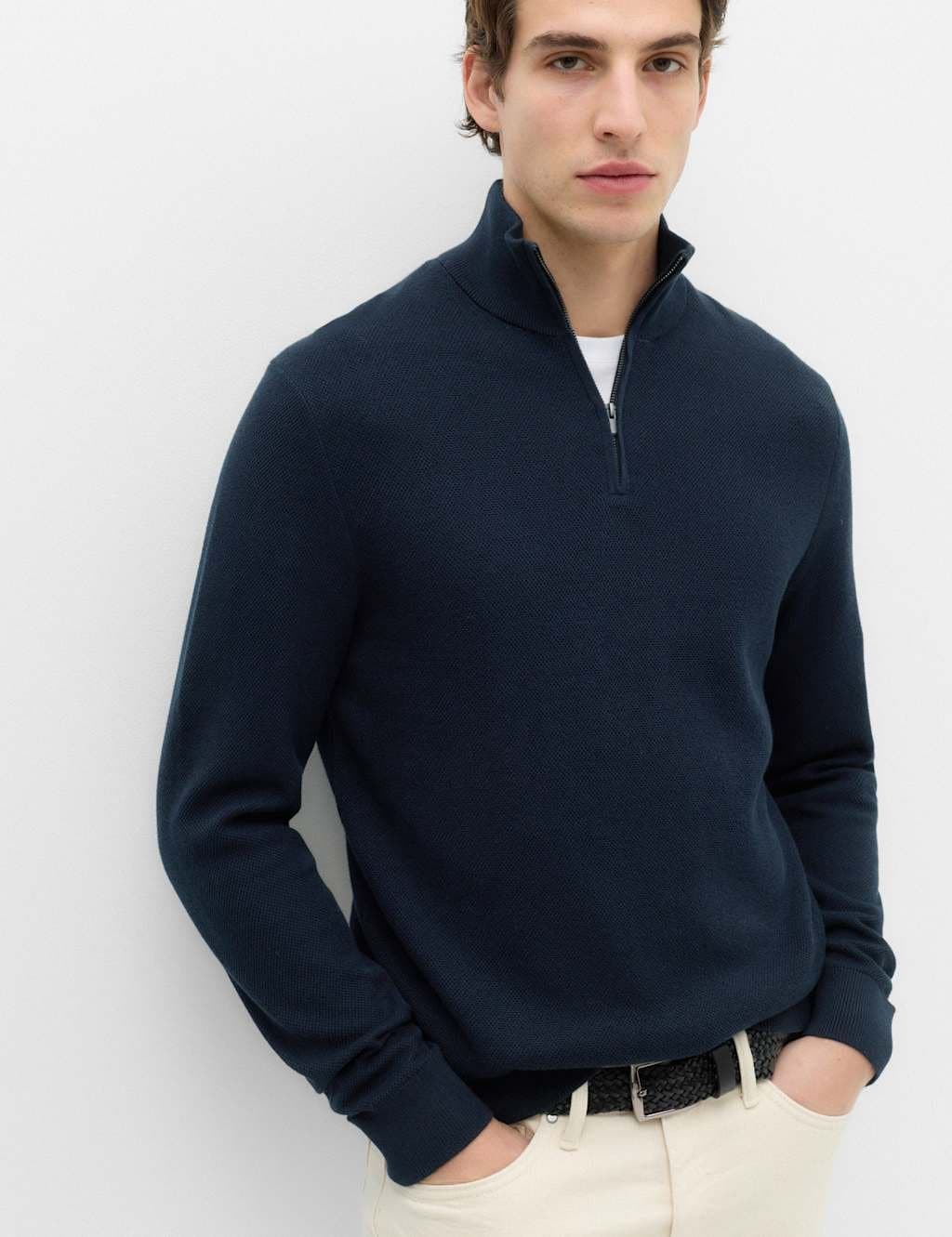 Marks & Spencer M&S Pure Cotton Textured Half Zip Jumper Navy