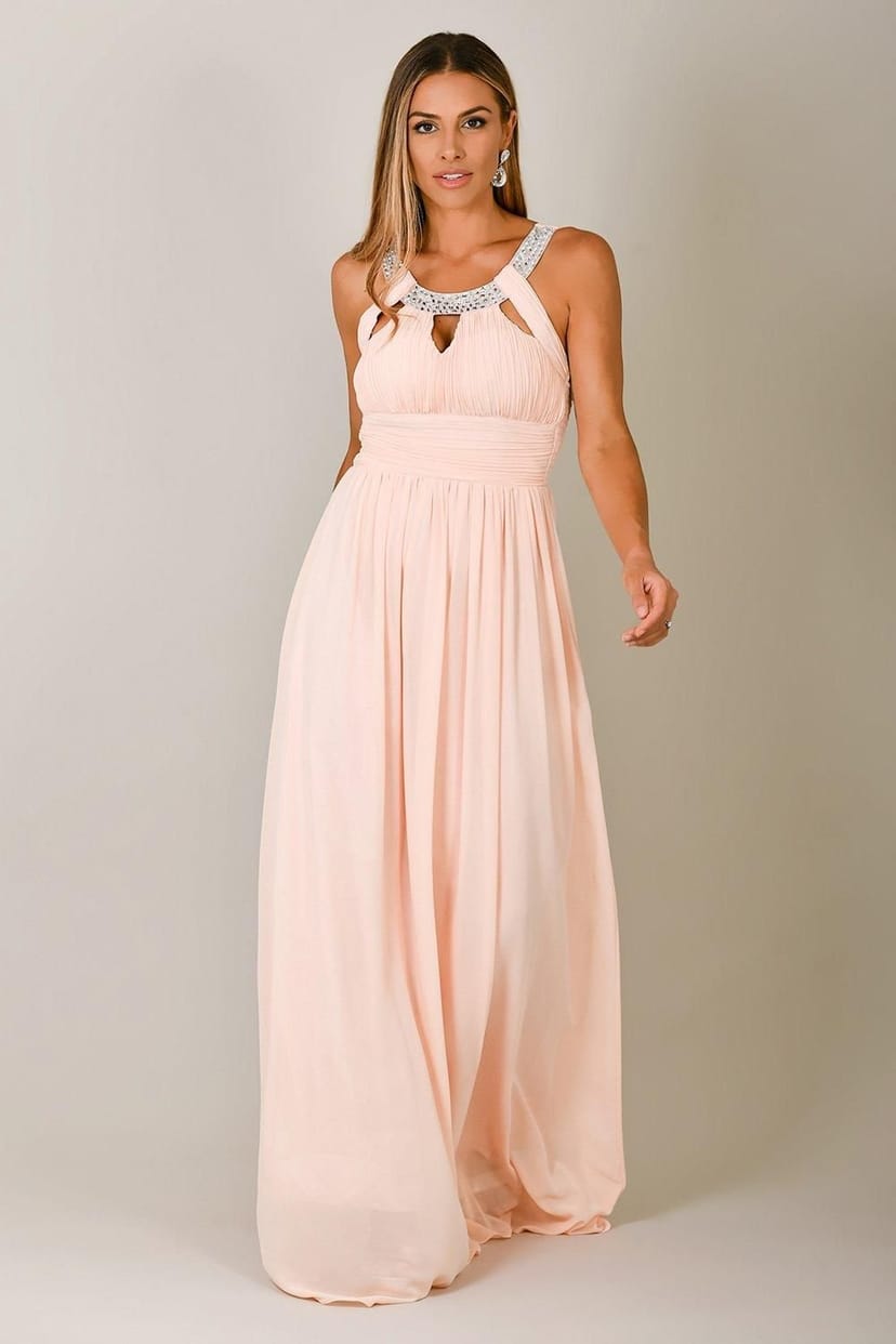 KRISP KRISP Women's Diamante Neck Chiffon Maxi Dress in Pink - 1