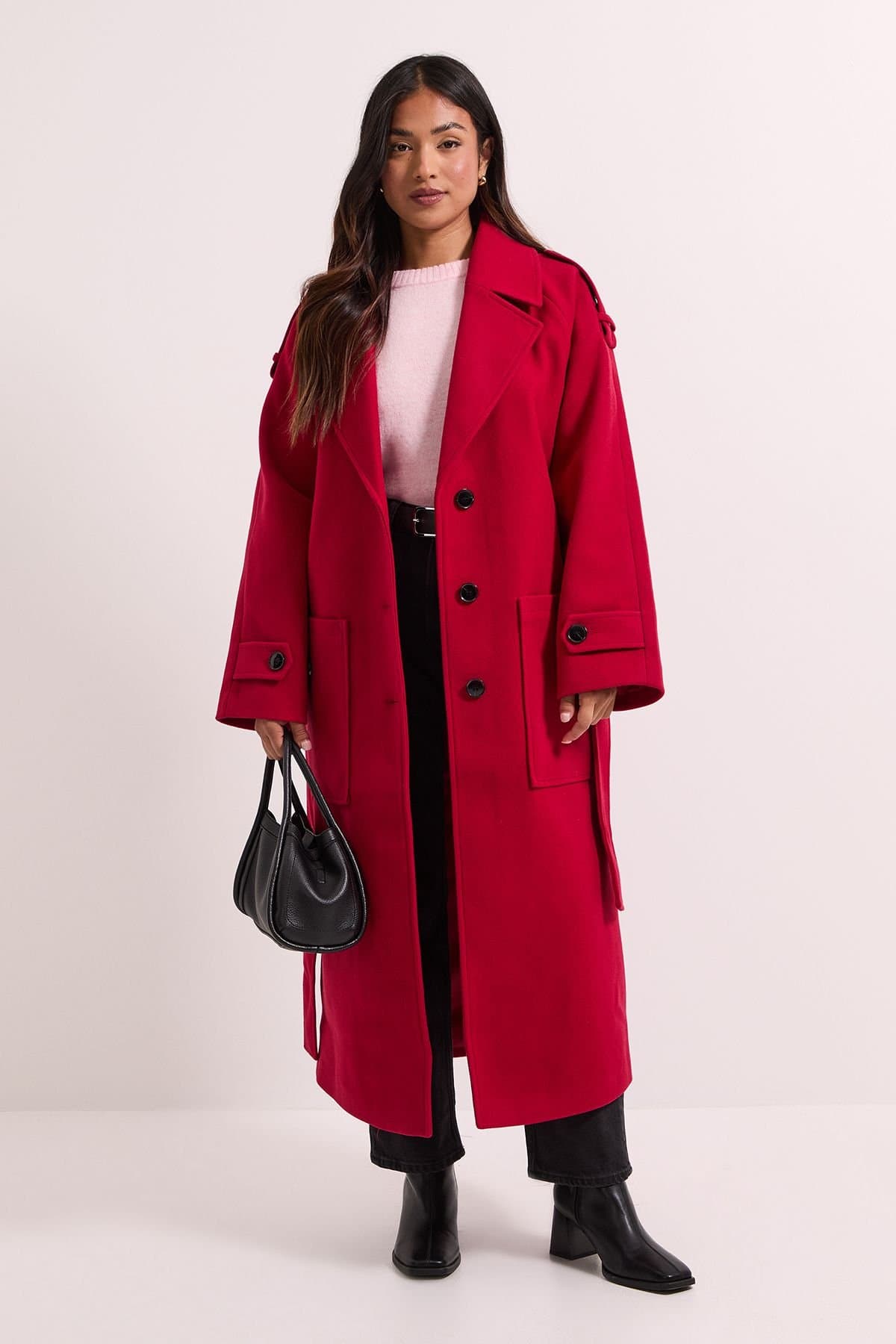 Dorothy Perkins Dorothy Perkins Women's Petite Belted Longline Coat in Red