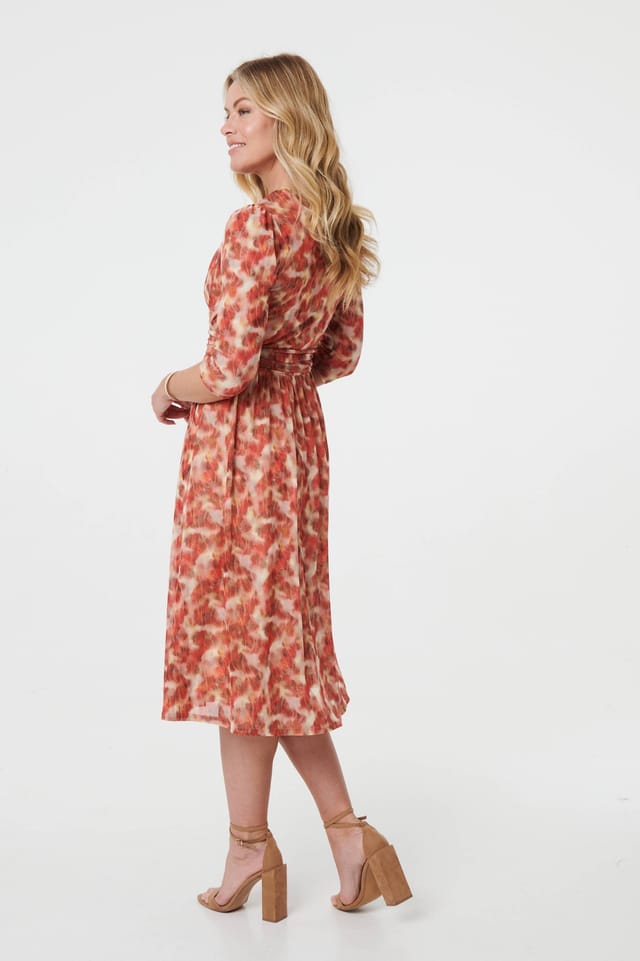 Izabel London Izabel London Women's Printed 3/4 Sleeve Midi Faux Wrap Dress in Red - 3