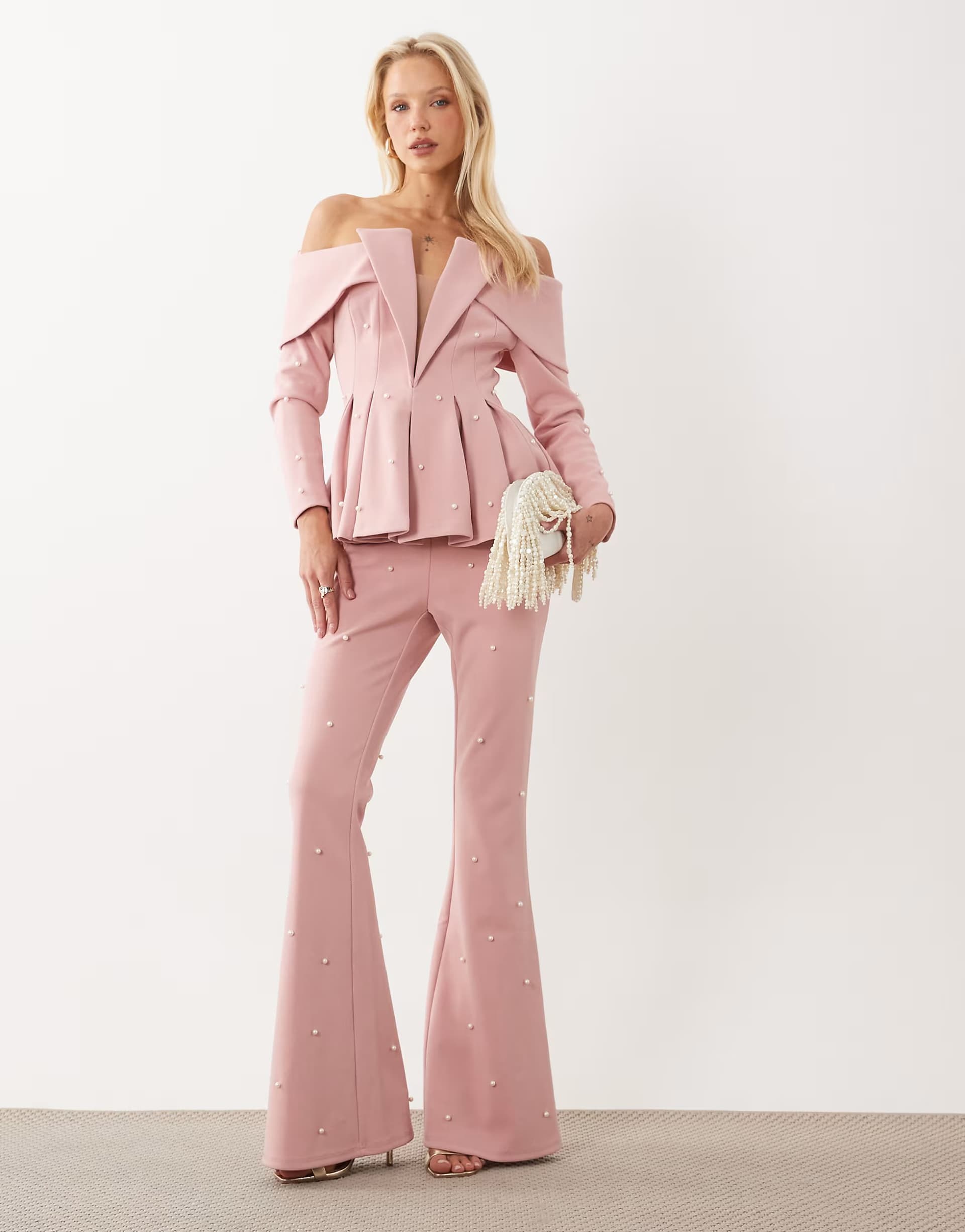 ASOS ASOS LUXE coord tailored trouser with pearl embellishment in pale pink