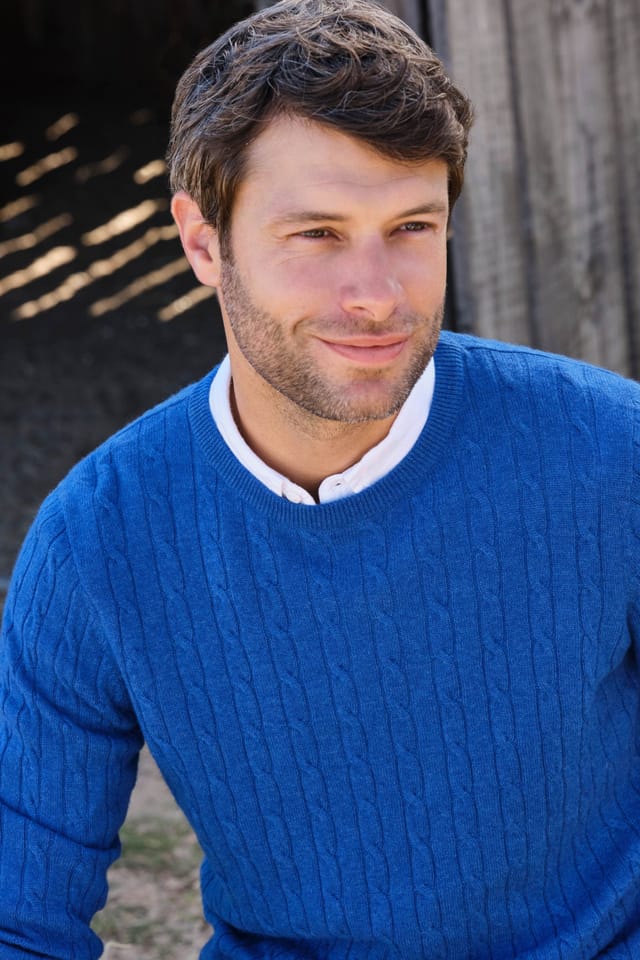 WoolOvers WoolOvers Men's Cashmere & Merino Cable Crew Neck in Bright Blue - 2