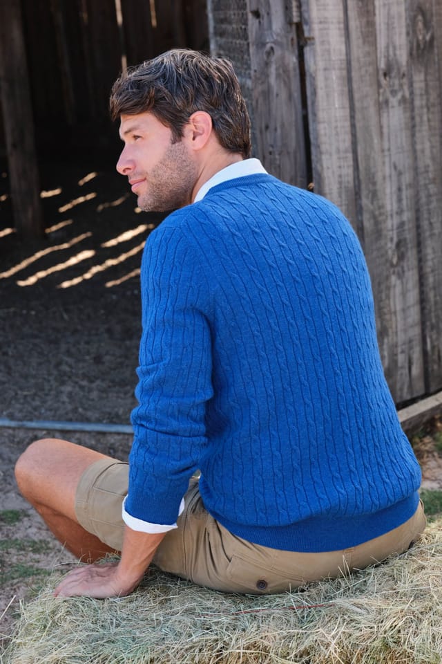 WoolOvers WoolOvers Men's Cashmere & Merino Cable Crew Neck in Bright Blue - 3