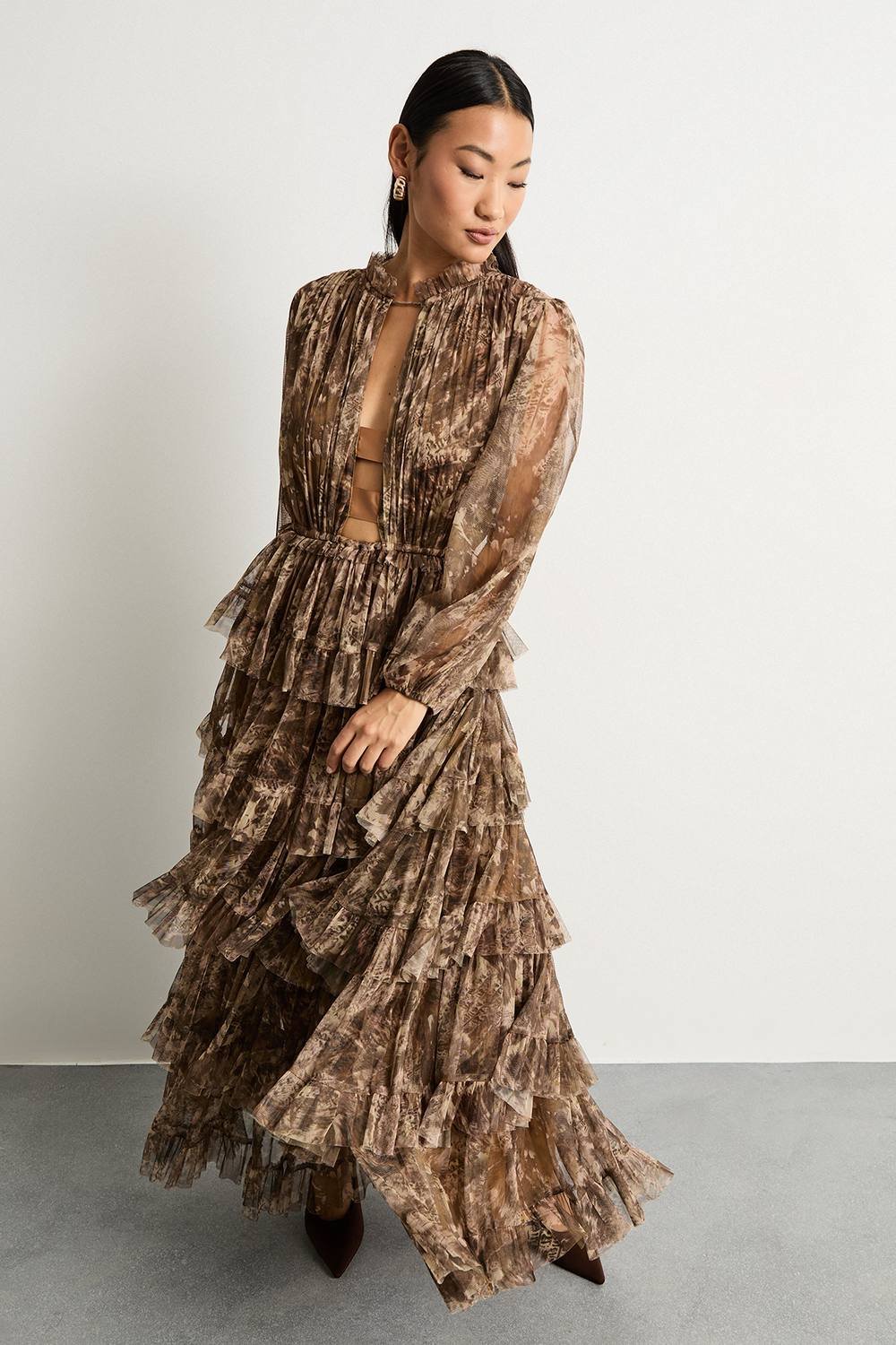 Warehouse Warehouse Women's Petite Ruffle Neck Tulle Maxi Dress - 1