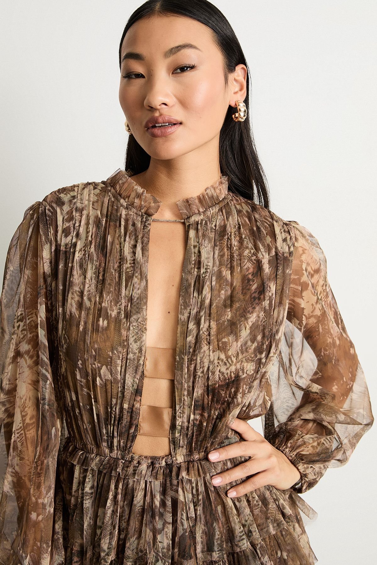 Warehouse Warehouse Women's Petite Ruffle Neck Tulle Maxi Dress - 4