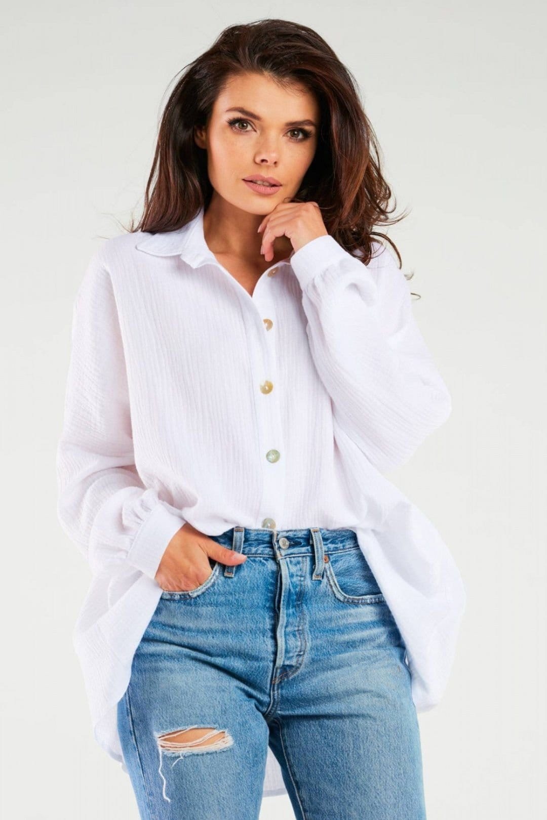 Love Lace White Oversized Long Sleeve Button Shirt