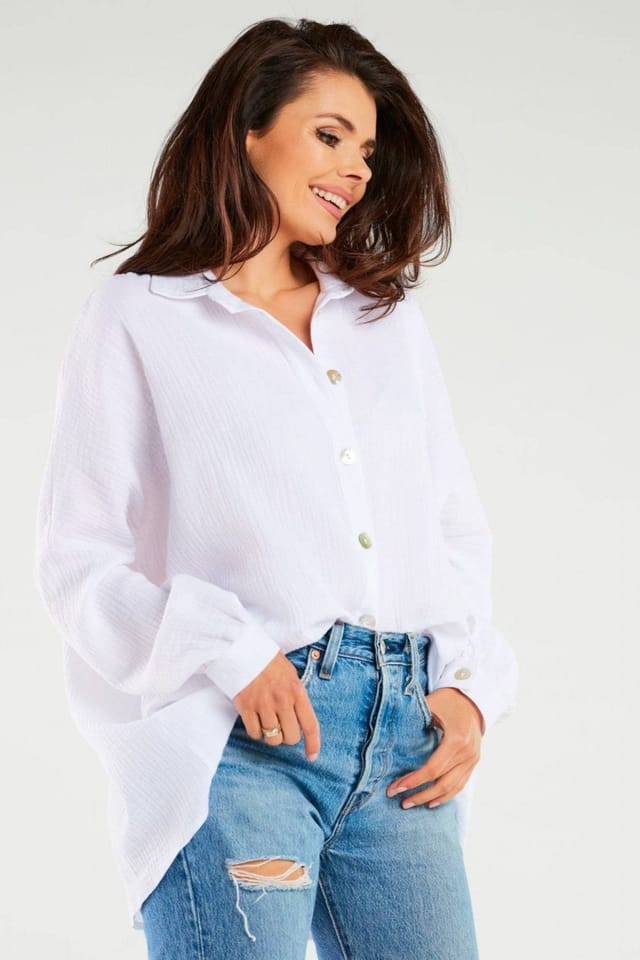 Love Lace Love Lace Women's Oversized Long Sleeve Button Shirt Adjustable Neck in White - 2