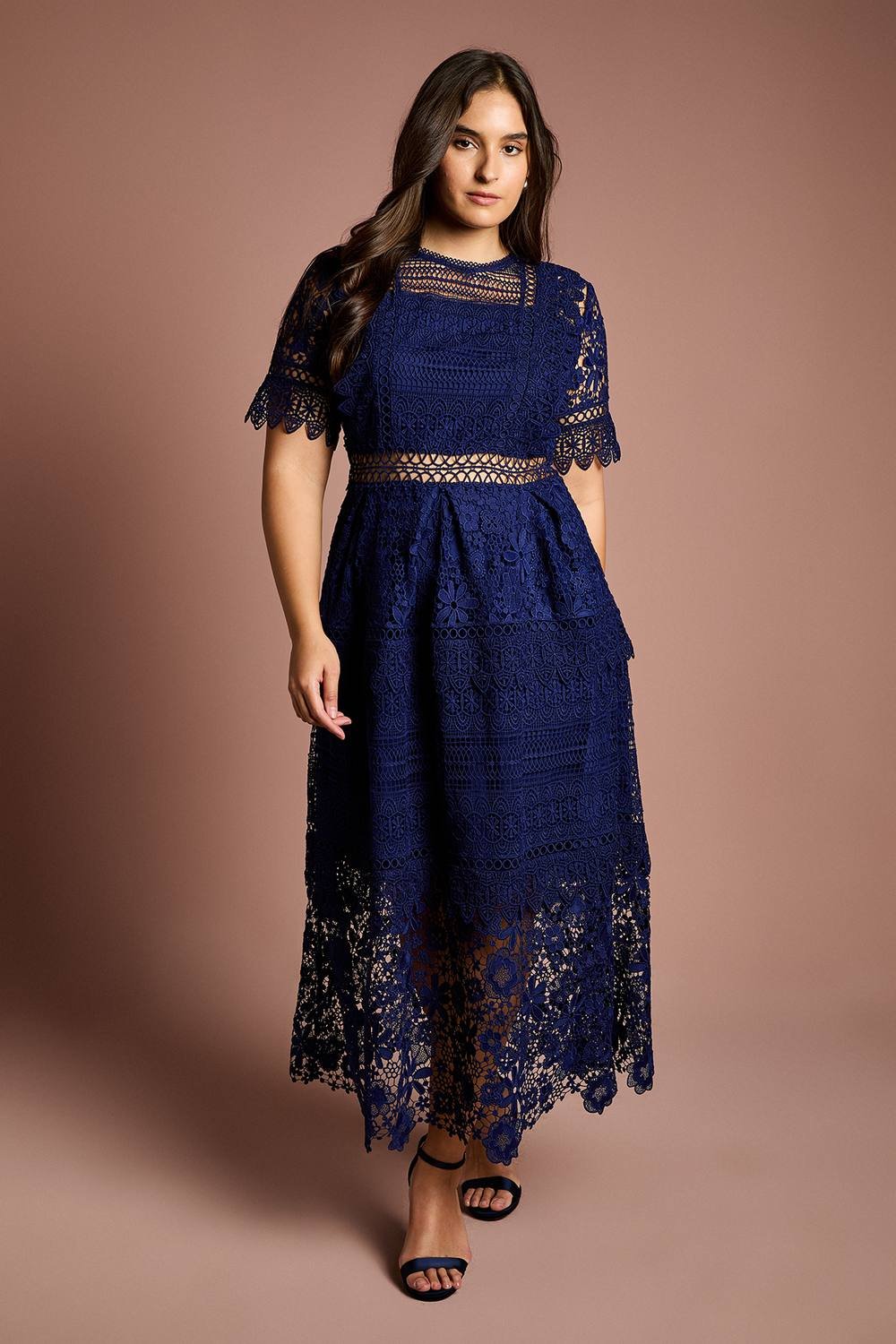 Coast Coast Women's Plus Short Sleeve Lace Midi Dress in Navy - 2