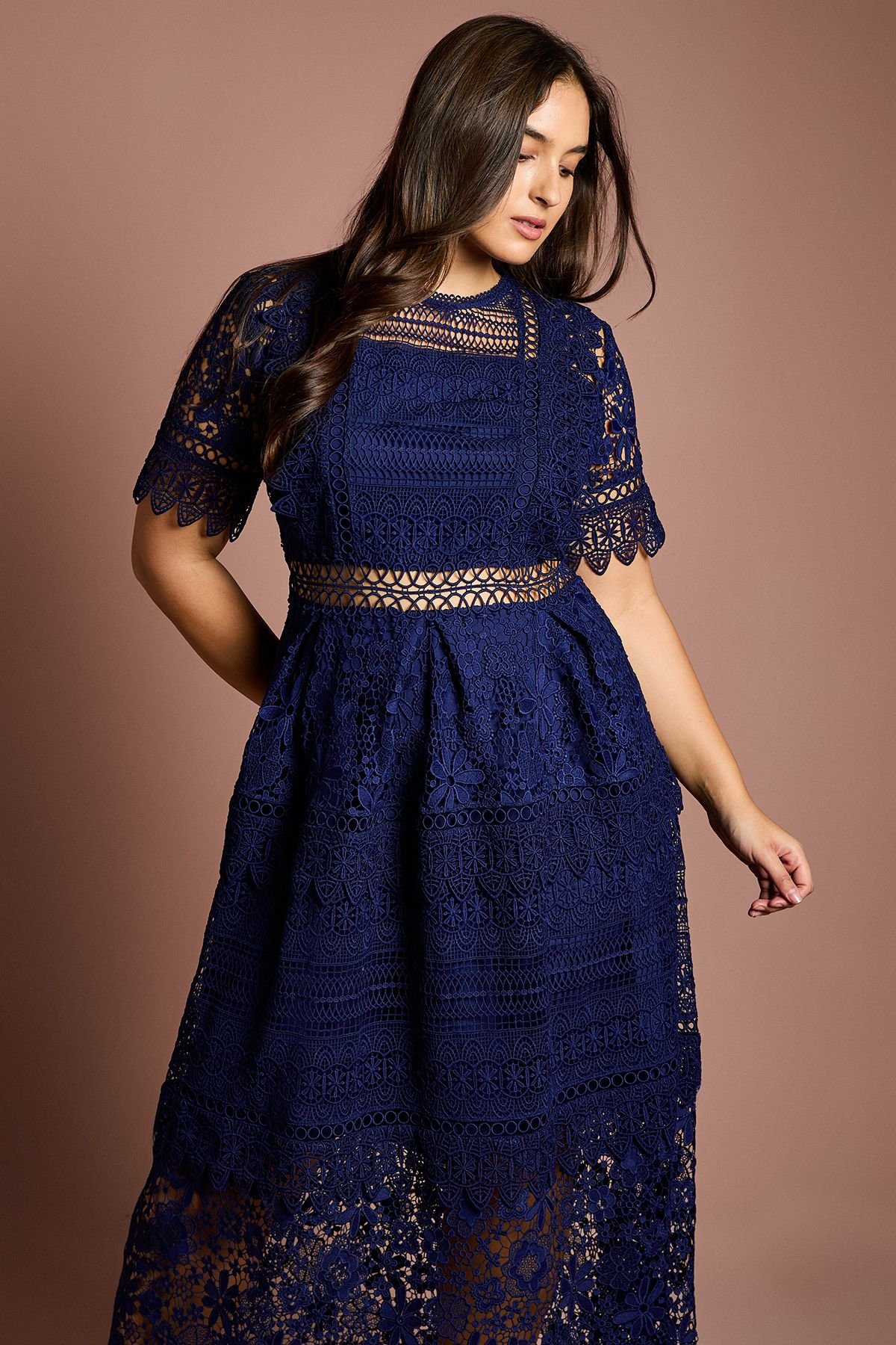 Coast Coast Women's Plus Short Sleeve Lace Midi Dress in Navy - 4
