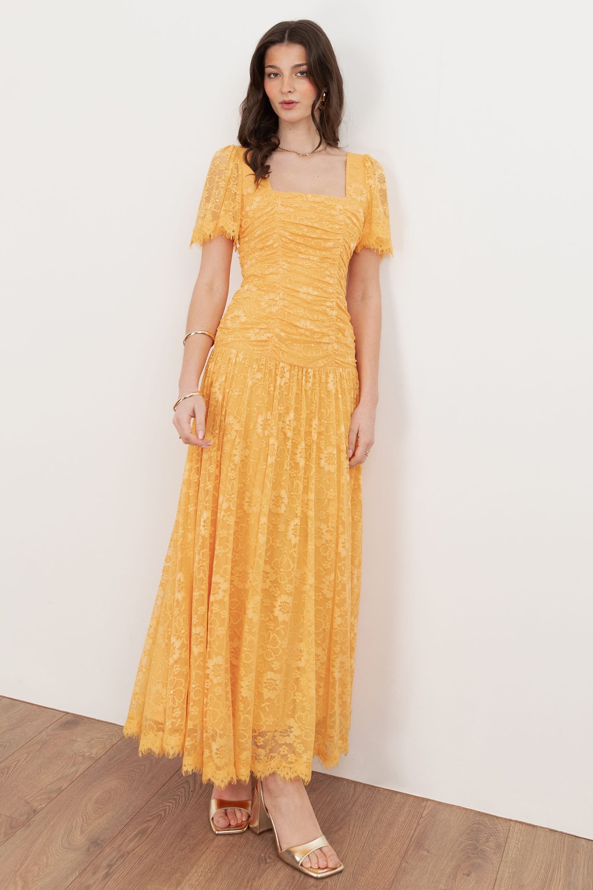 Maya Deluxe Yellow Floral Lace Midi Dress with Angel Sleeves