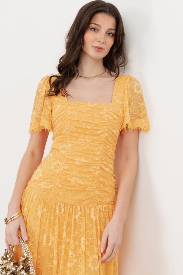 Maya Deluxe Maya Deluxe Women's Square Neck Angel Sleeve Lace Midaxi Dress in Yellow - 3