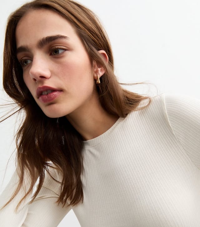 New Look Women's Off White Ribbed Cotton Blend Crew Neck Bodysuit New Look - 2