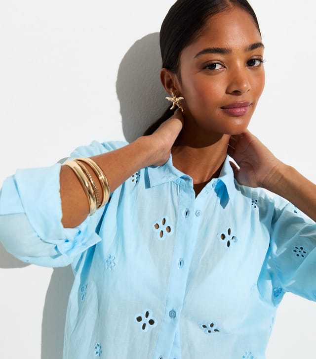 New Look Women's Light Blue Cotton Floral Cutwork Beach Shirt New Look - 2