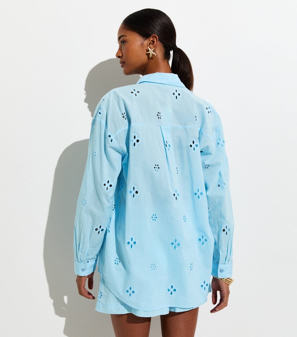 New Look Women's Light Blue Cotton Floral Cutwork Beach Shirt New Look - 4