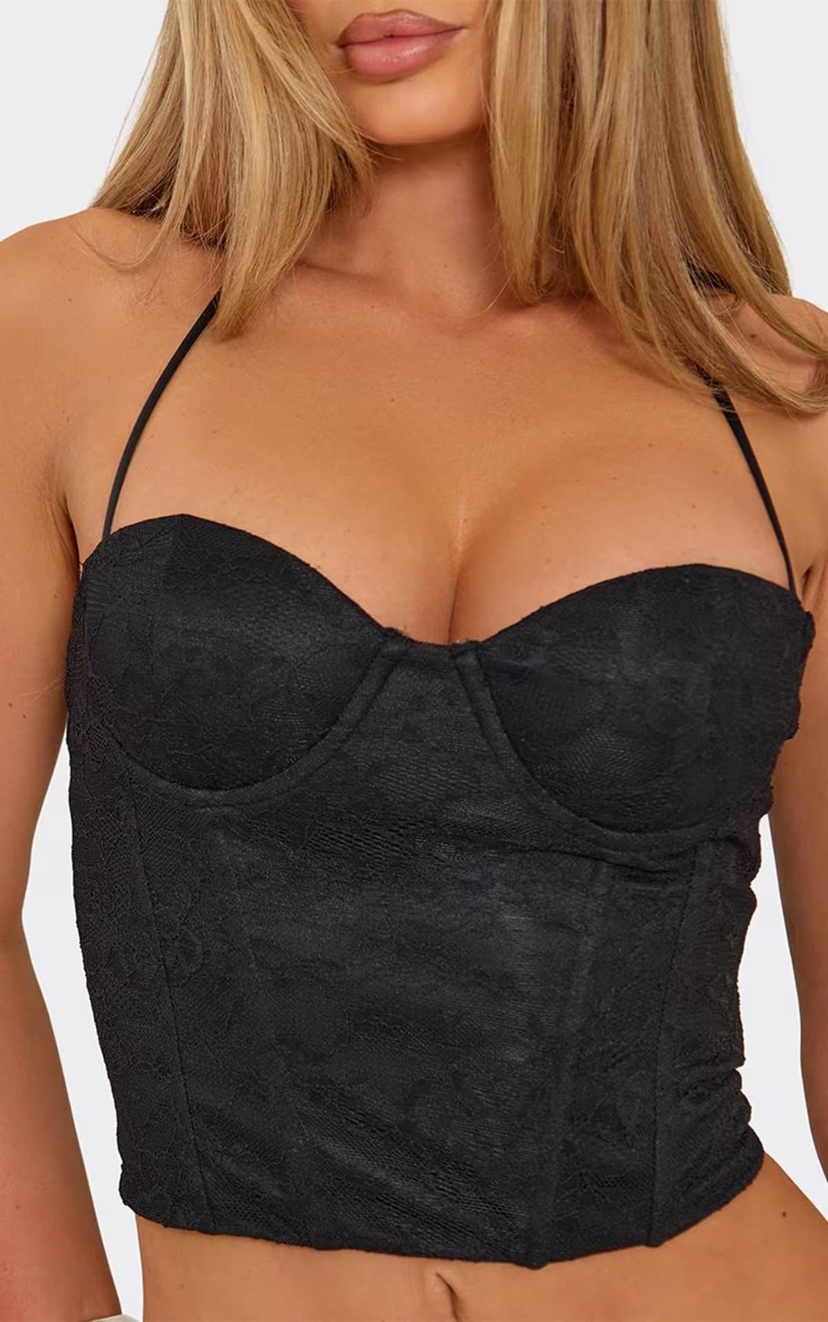EGO Halterneck Zip Up Corset Top In Black Lace, Women's Size UK 6