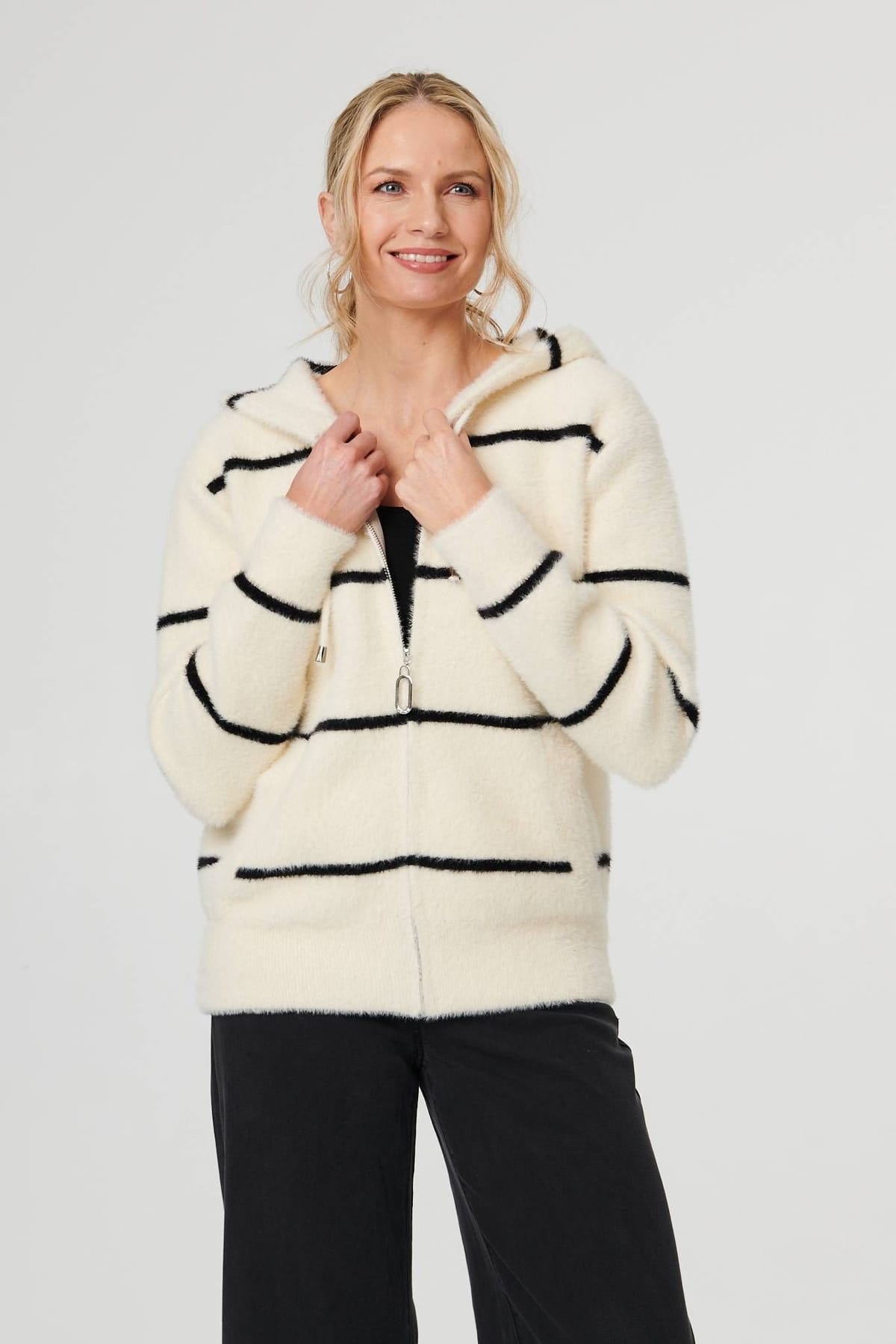 Izabel London Izabel London Women's Stripe Print Textured Hooded Jacket in White - 1