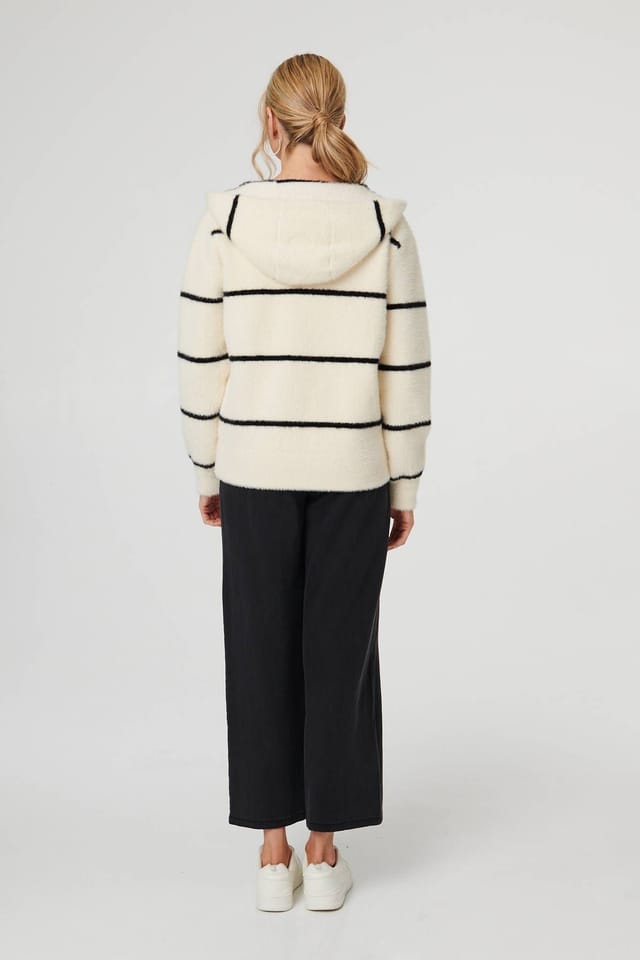 Izabel London Izabel London Women's Stripe Print Textured Hooded Jacket in White - 3