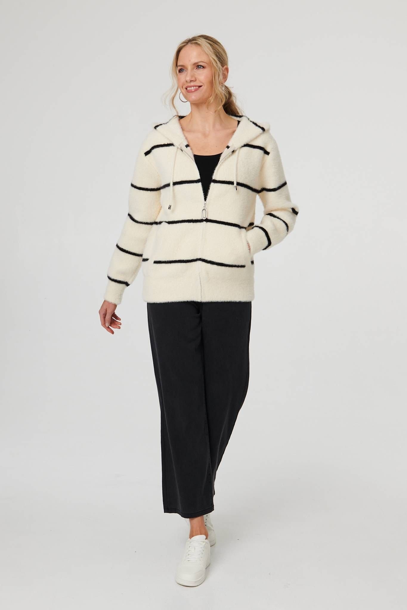 Izabel London Izabel London Women's Stripe Print Textured Hooded Jacket in White - 4