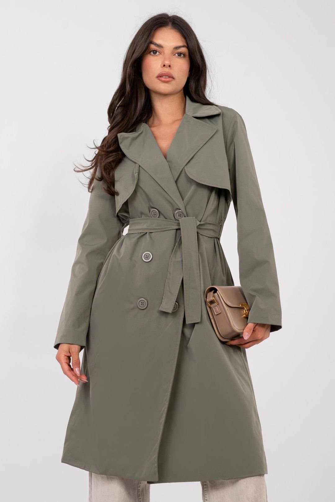 Love Lace Love Lace Women's Classic Double Breasted Trench Coat with Belt Style 223826 in Green