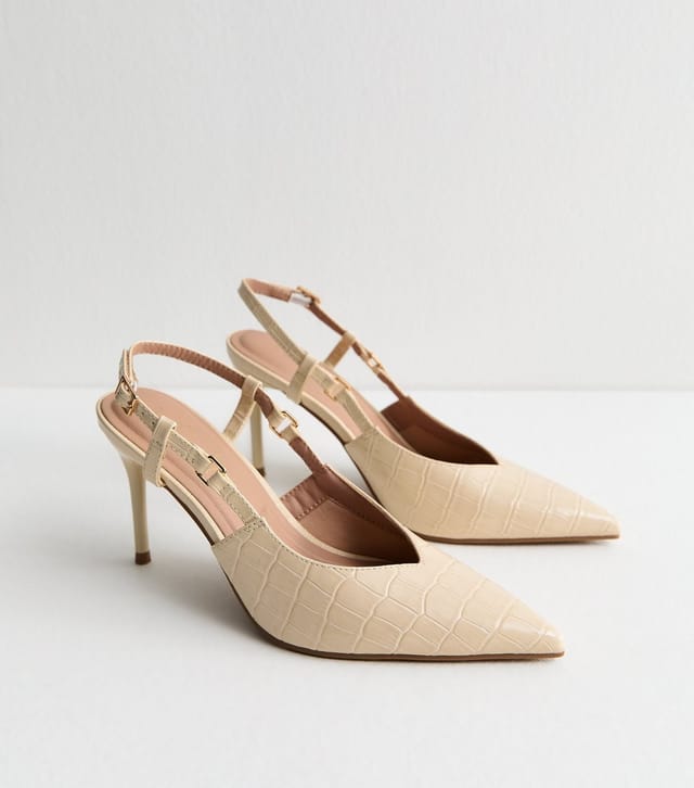 New Look Women's Off White Embossed Croc Slingback Court Shoes Vegan New Look - 2