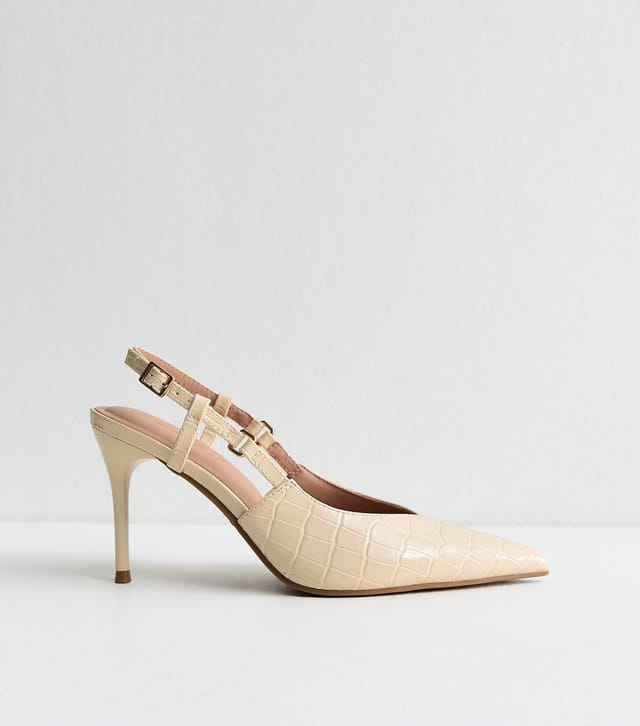 New Look Women's Off White Embossed Croc Slingback Court Shoes Vegan New Look - 3