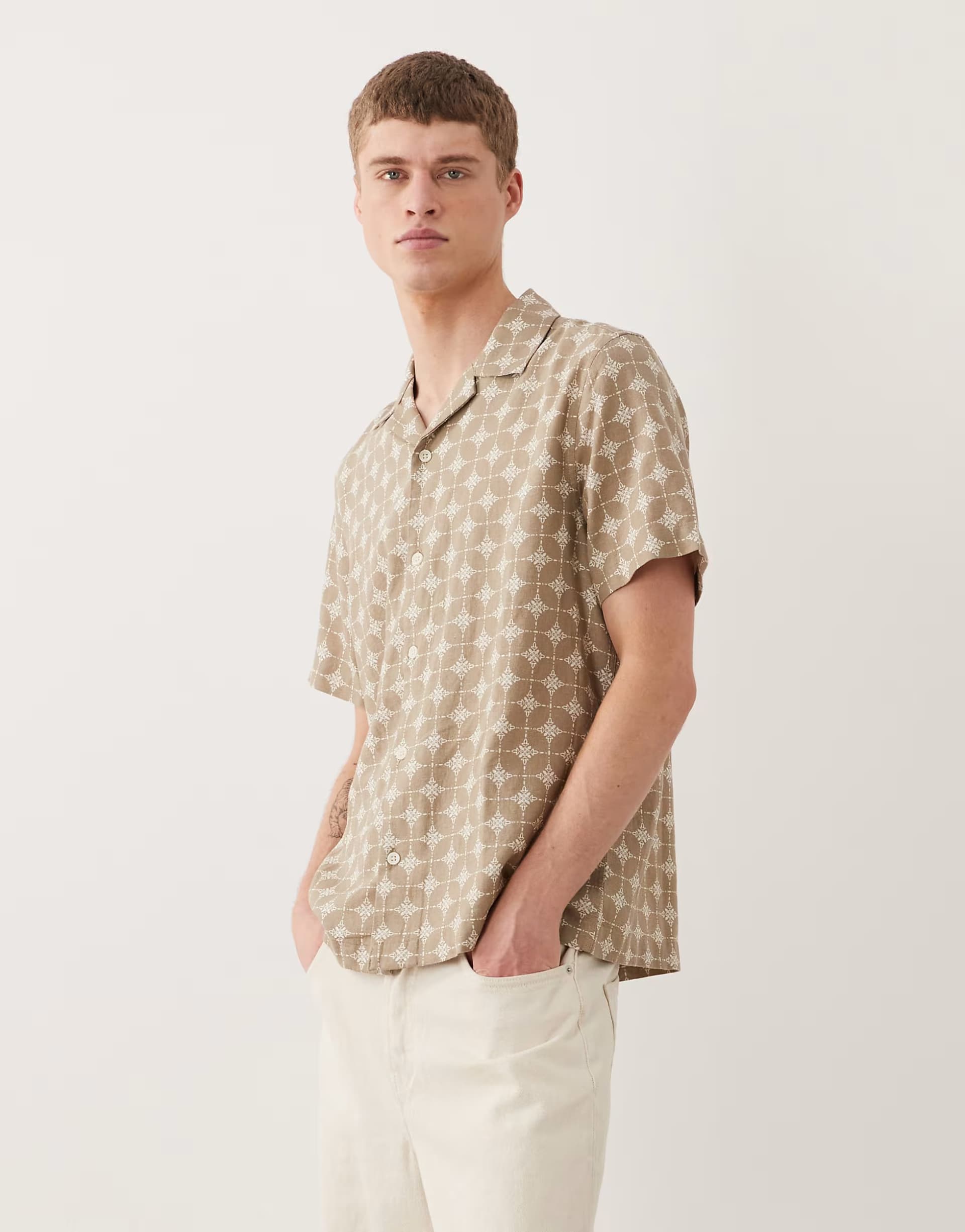 ASOS ASOS DESIGN regular fit revere linen blend shirt with geo print in brown