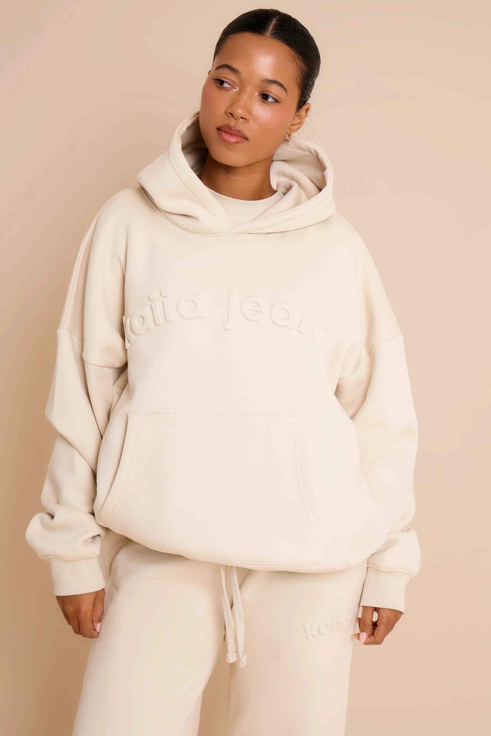 Kaiia Kaiia Jeans Embossed Oversized Hoodie in Limestone