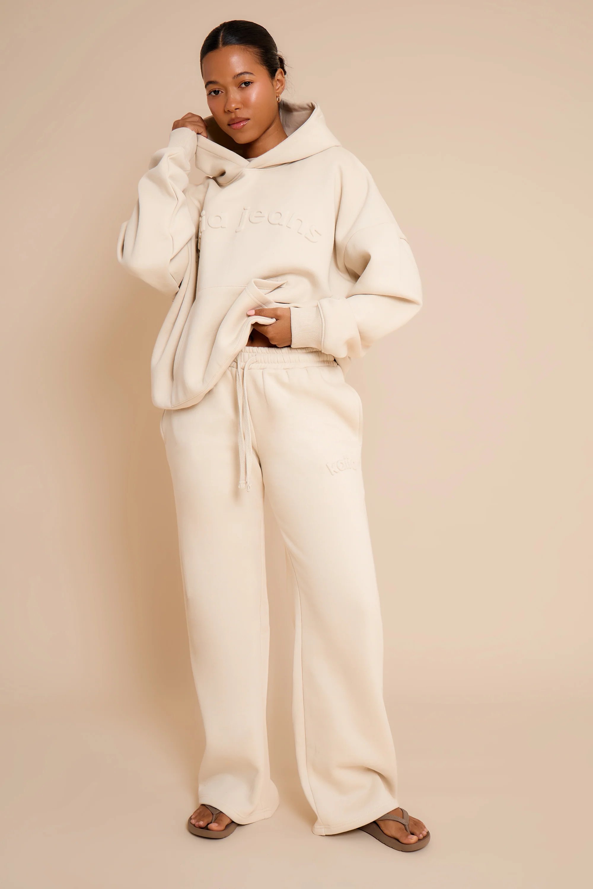 Kaiia Kaiia Jeans Embossed Oversized Hoodie Limestone - 3