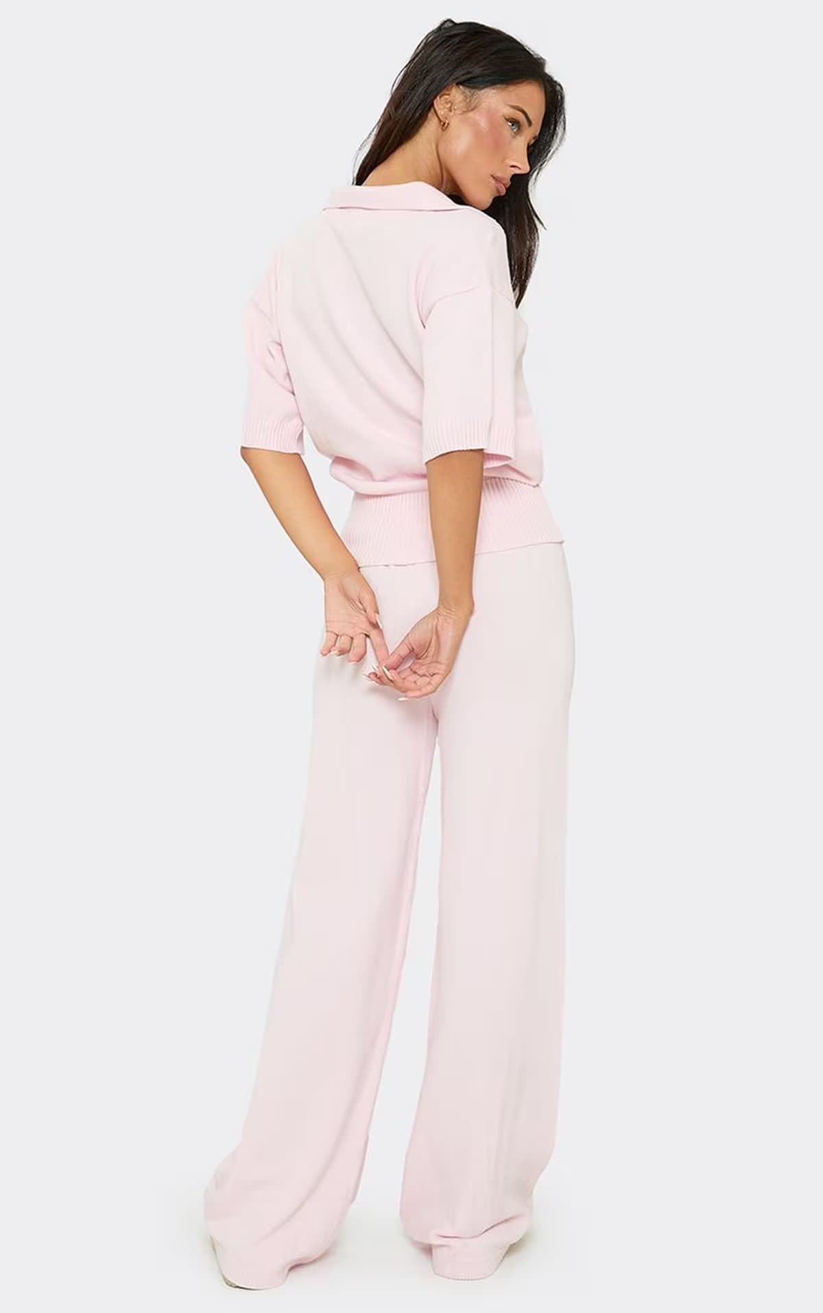 EGO Mid Rise Wide Leg Trousers In Light Pink Knit, Women's Size UK S