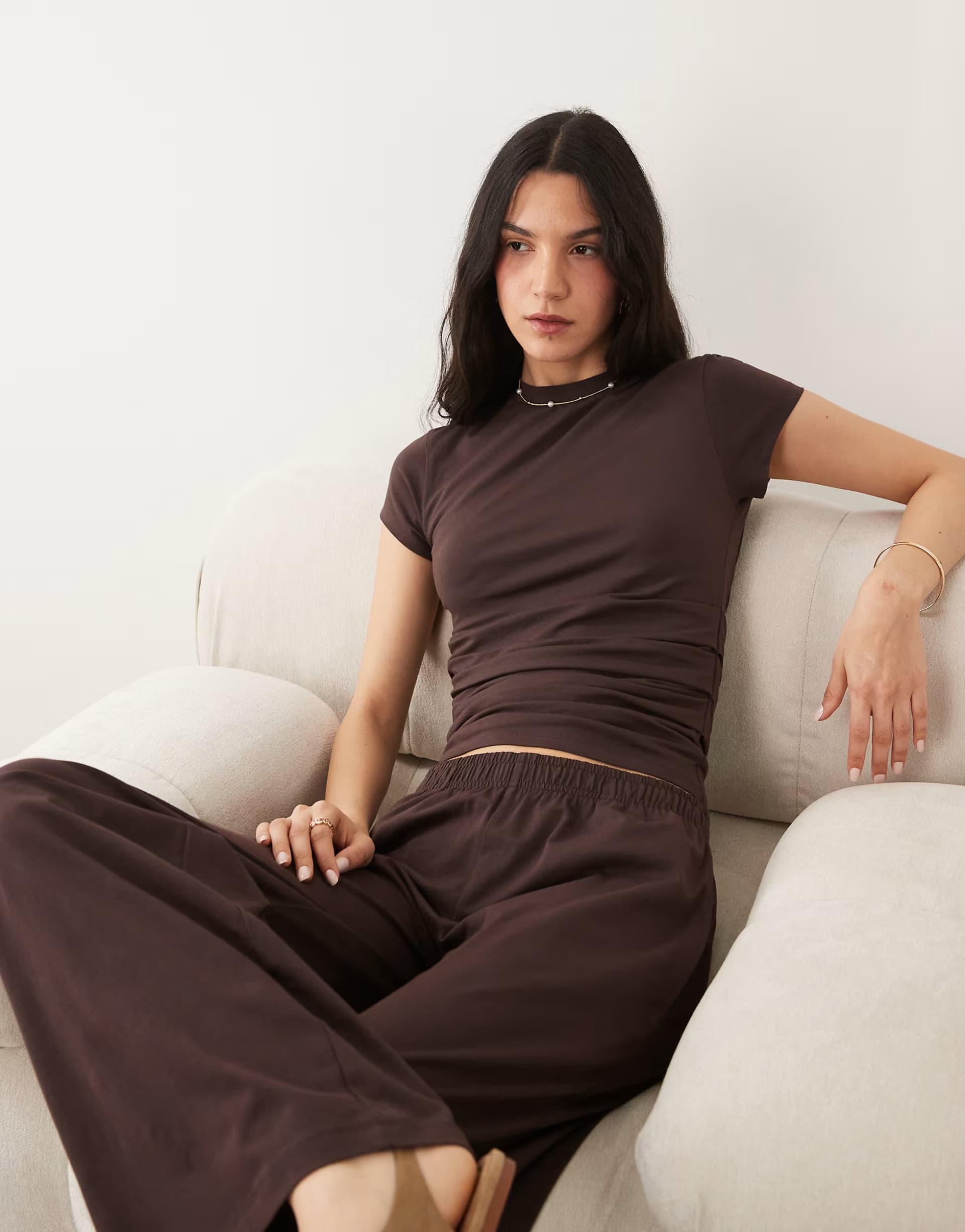 ASOS ASOS DESIGN short sleeve ruched waist top co-ord in chocolate