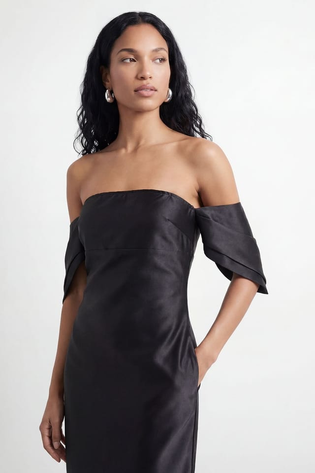 Warehouse Warehouse Women's Petite Structured Puff Sleeve Bardot Midi Dress in Black - 2