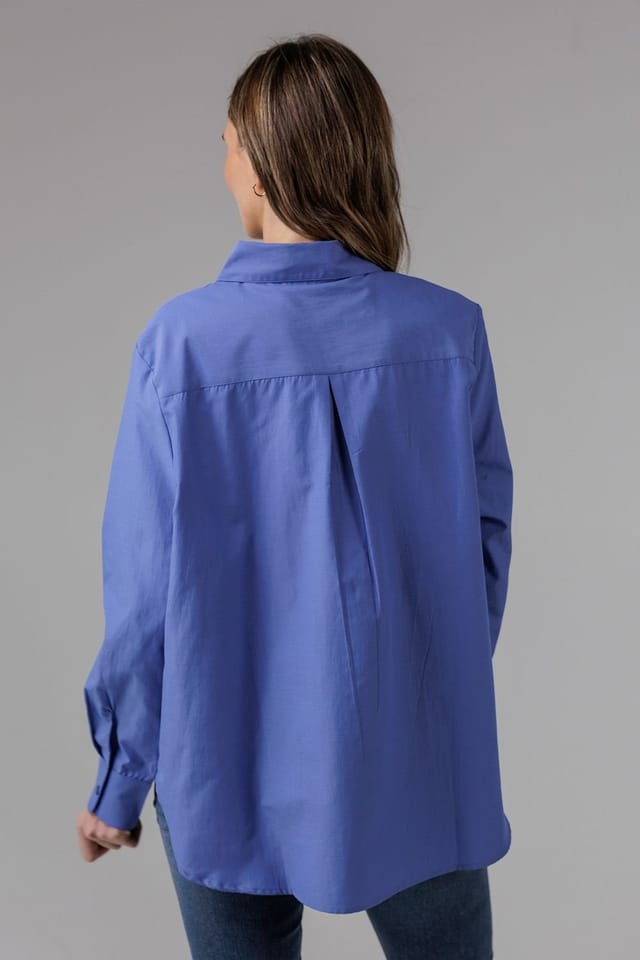 French Connection French Connection Women's Cotton Long Sleeve Chest Pocket Poplin Popover High-Low Hem Shirt in Blue - 2