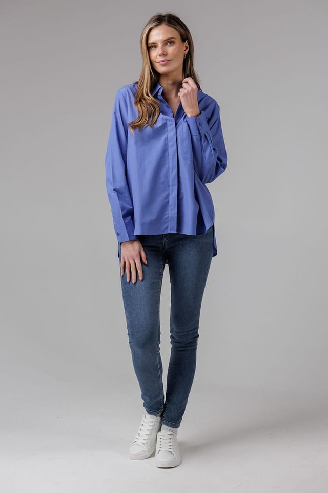 French Connection French Connection Women's Cotton Long Sleeve Chest Pocket Poplin Popover High-Low Hem Shirt in Blue - 3