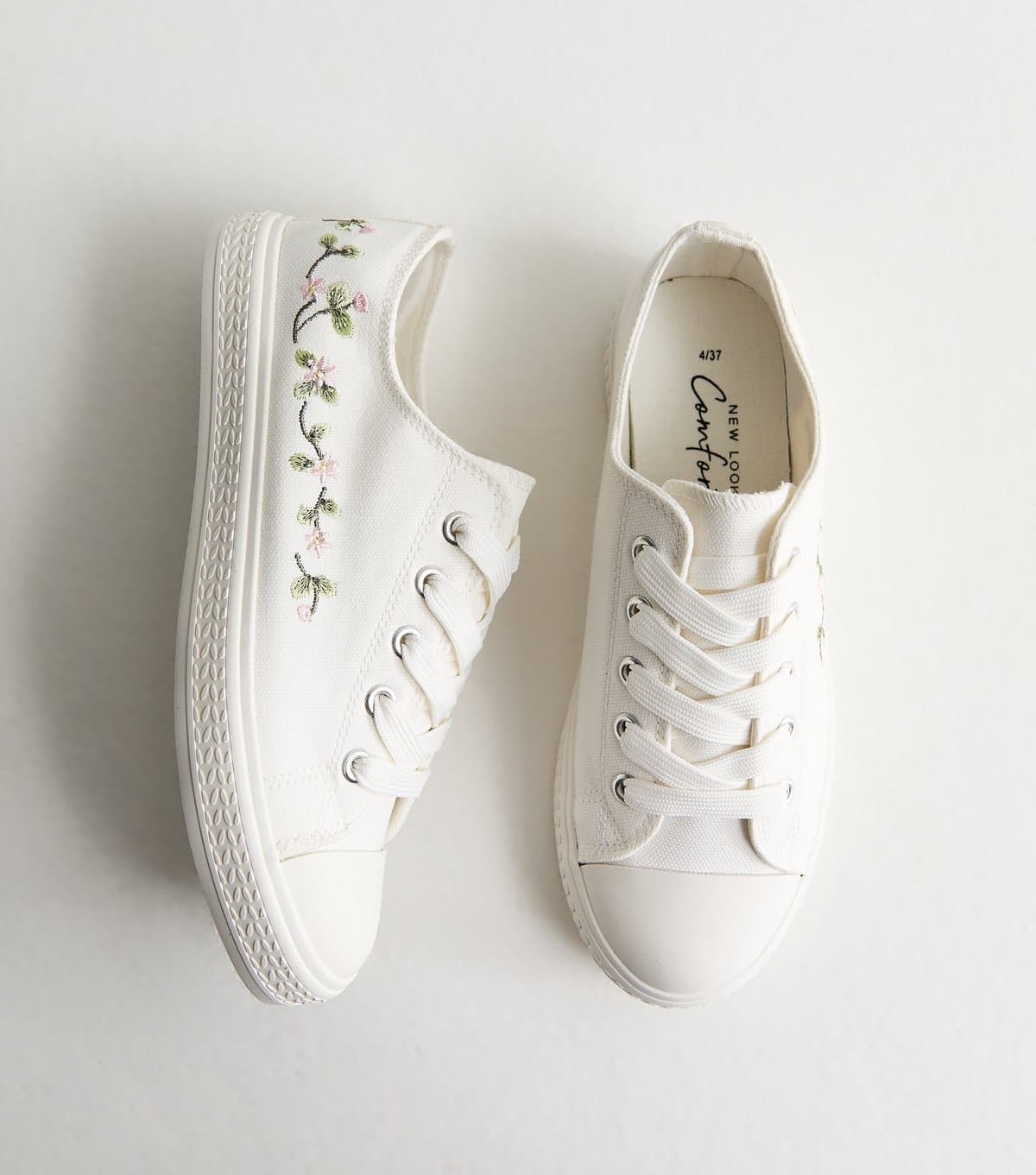 New Look Women's White Woven Floral Embroidered Trainers Vegan New Look
