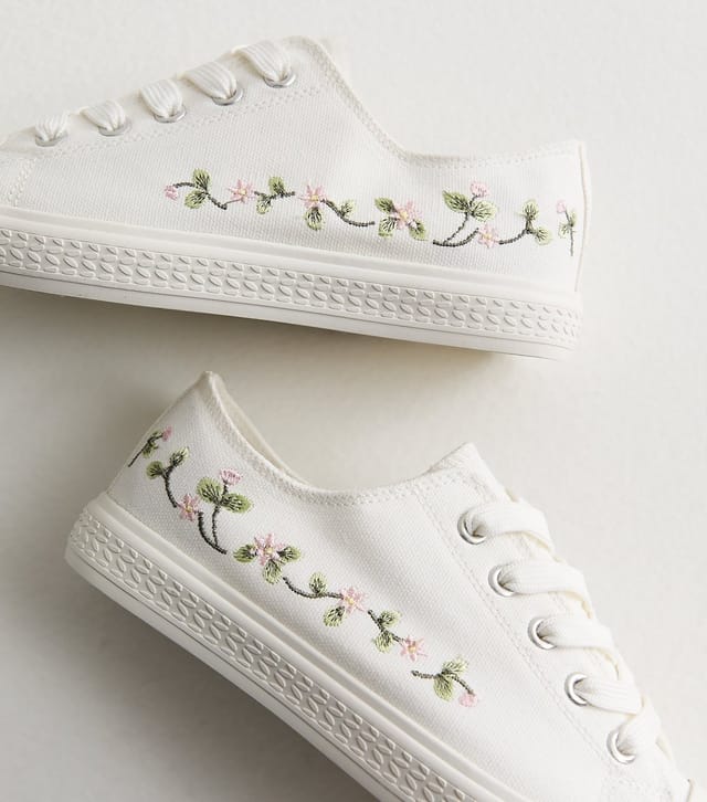 New Look Women's White Woven Floral Embroidered Trainers Vegan New Look - 3