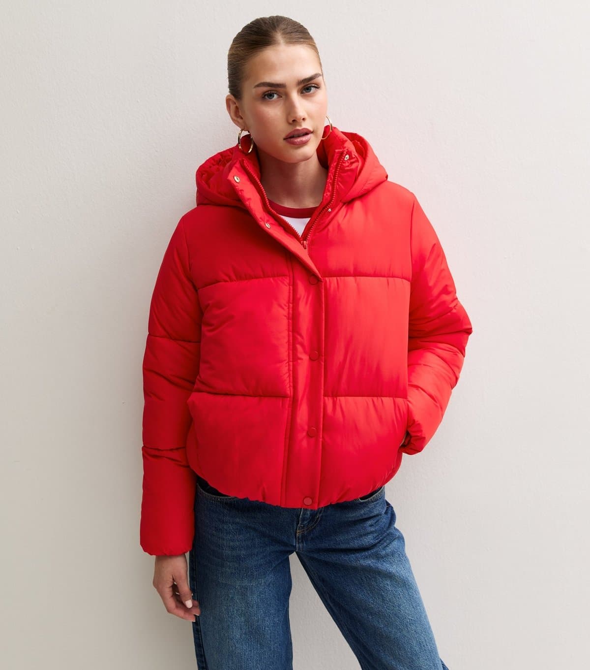 New Look Women's Bright Red Hooded Crop Puffer Jacket New Look