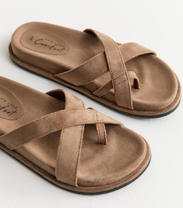 New Look Women's Light Brown Faux Suede Toe Loop Flat Sandals Vegan New Look - 3