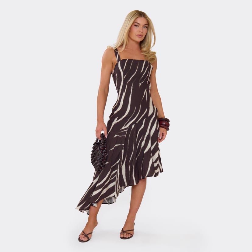 EGO Square Neck Asymmetric Hem Midi Dress In Brown Zebra Print, Women's Size UK 6 - 1