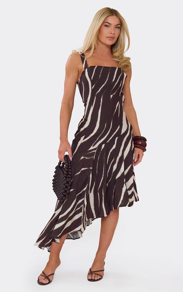 EGO Square Neck Asymmetric Hem Midi Dress In Brown Zebra Print, Women's Size UK 6 - 2